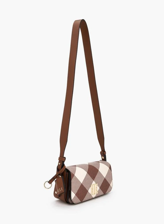 ELLE Checked Shoulder Bag with Flap Closure